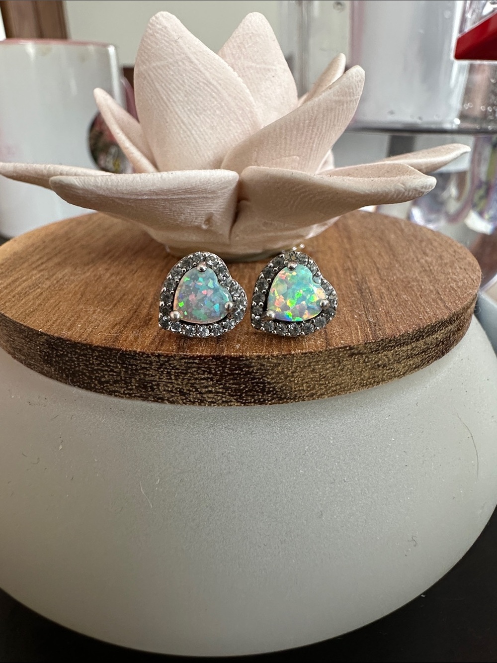 Heart Opal Halo Stud Earrings — Iridescent White Sparkle